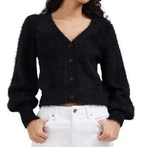 French Connection Meena Fluffy Eyelash V Neck Black Cardigan, Size Medium.